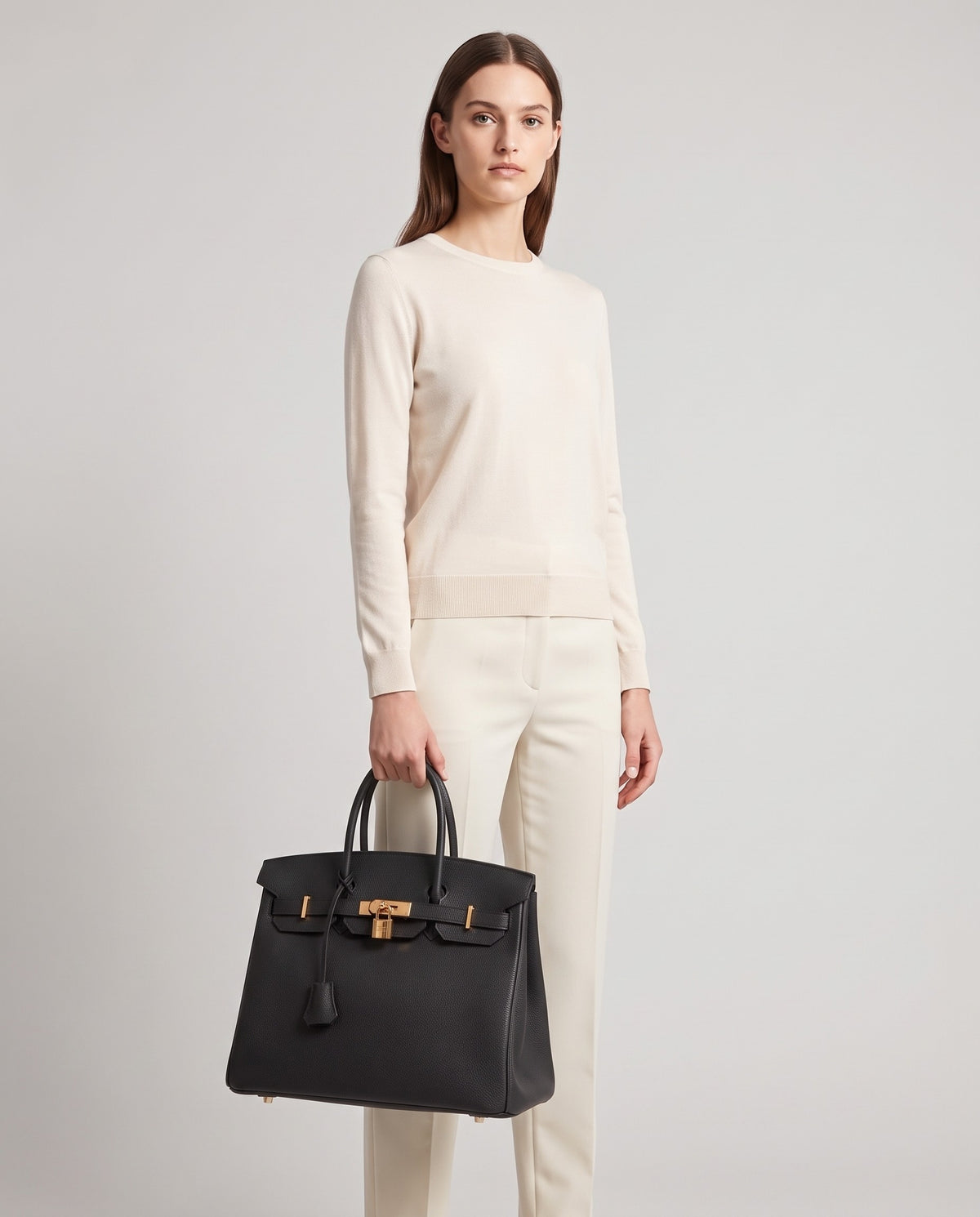 Lock Extra Large leather top-handle bag in Black – model holding it, full length