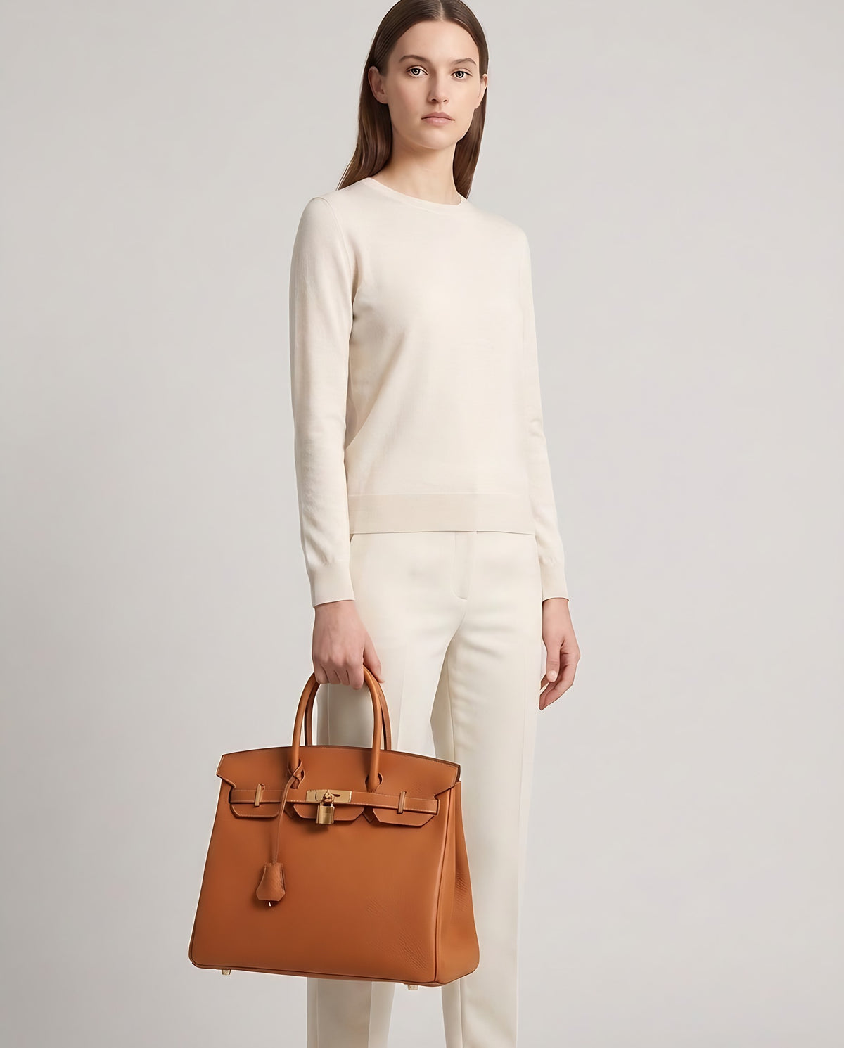 Lock Extra Large leather top-handle bag in Caramel – model holding it, full length