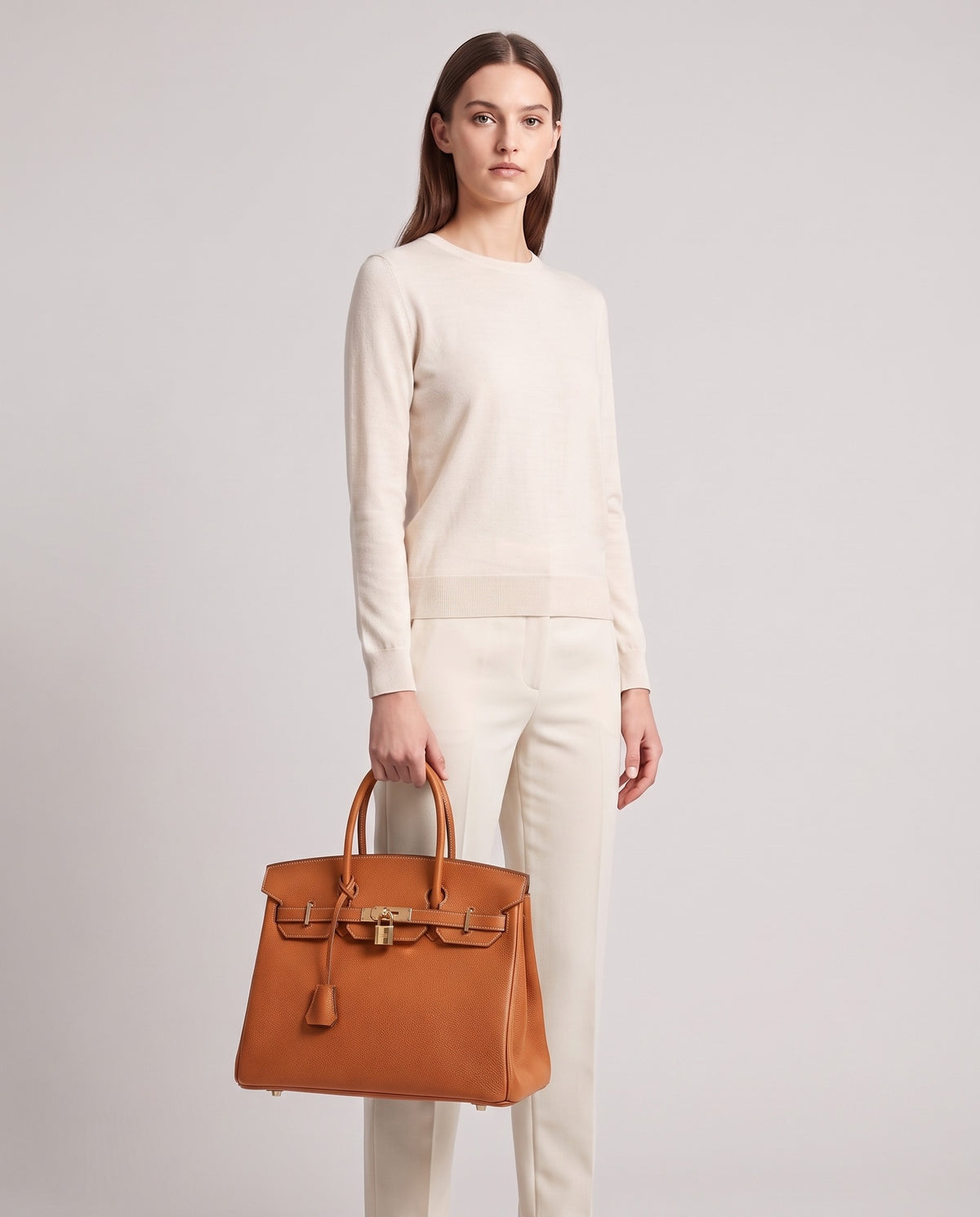 Lock Large leather top-handle bag in Caramel – model holding it, full length