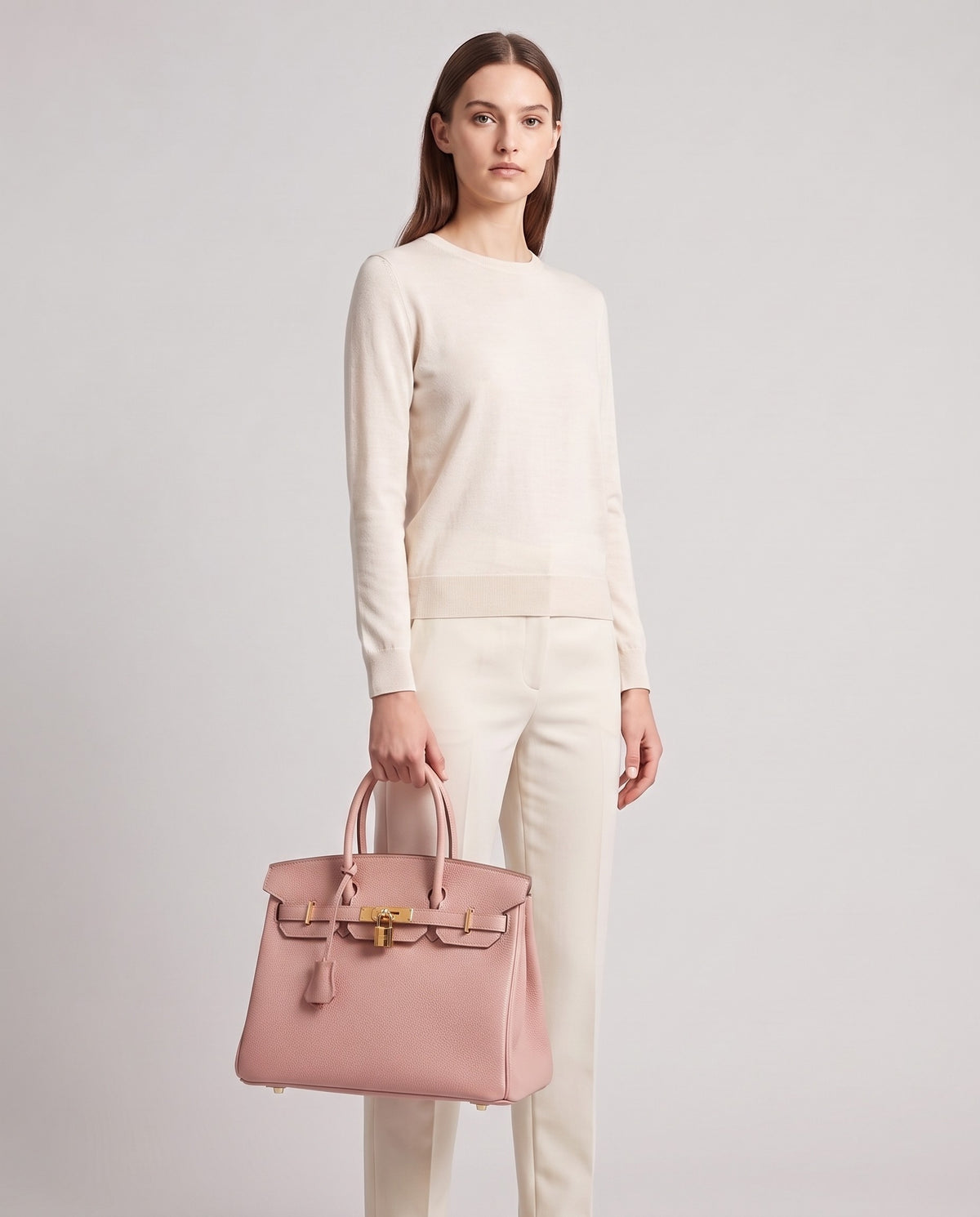 Lock Medium leather top-handle bag in Blush – model holding it, full length
