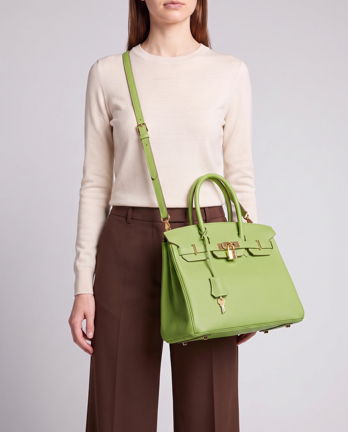 Lock Small leather top-handle bag in Avocado – model wearing it crossbody on the detachable shoulder strap