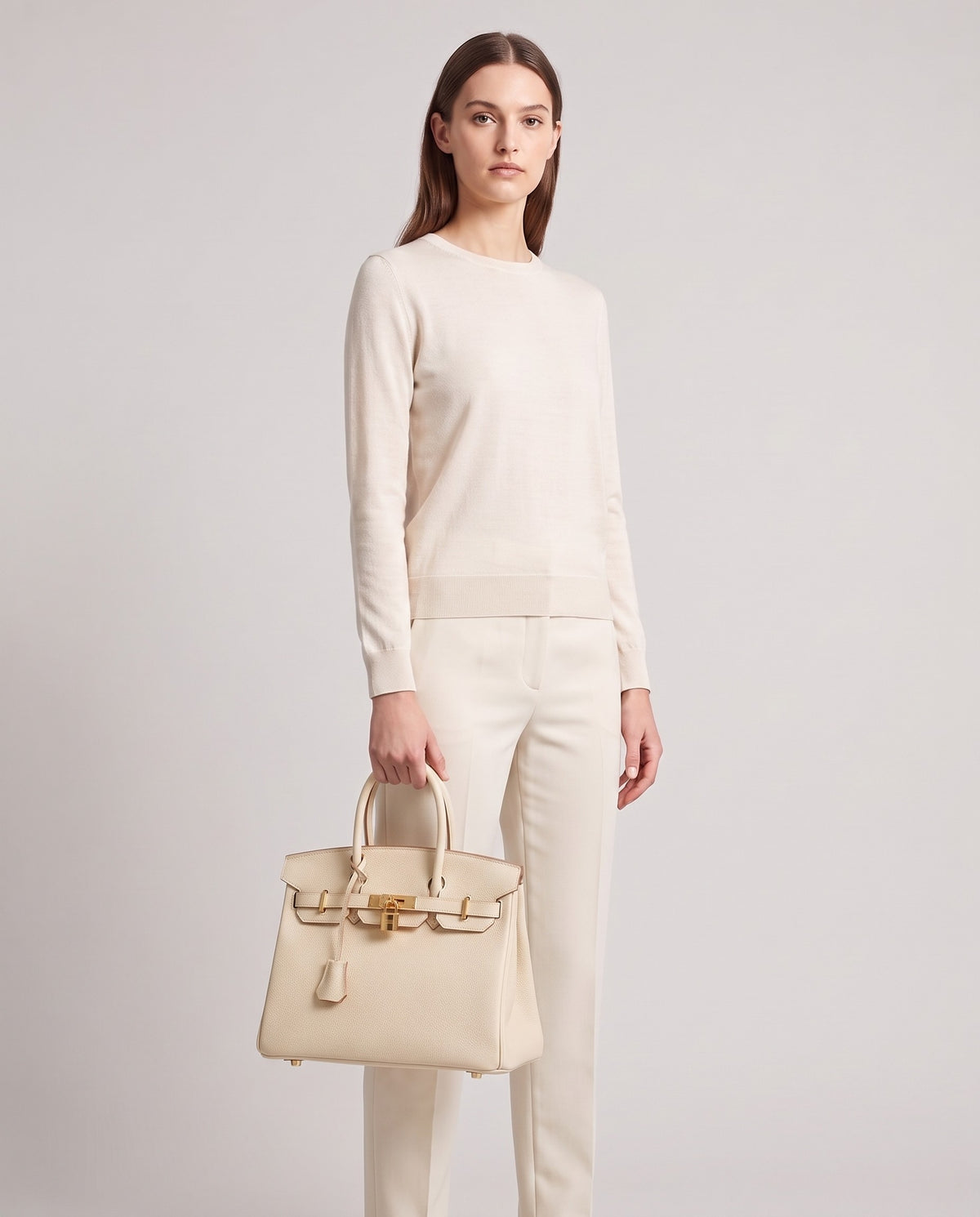 Lock Small leather top-handle bag in Cream – model holding it, full length