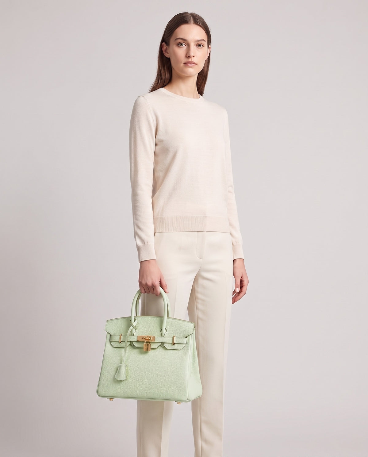 Lock Small leather top-handle bag in Mint – model holding it, full length