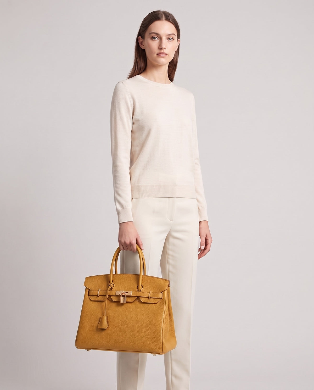 Lock Small leather top-handle bag in Mustard – model holding it, full length