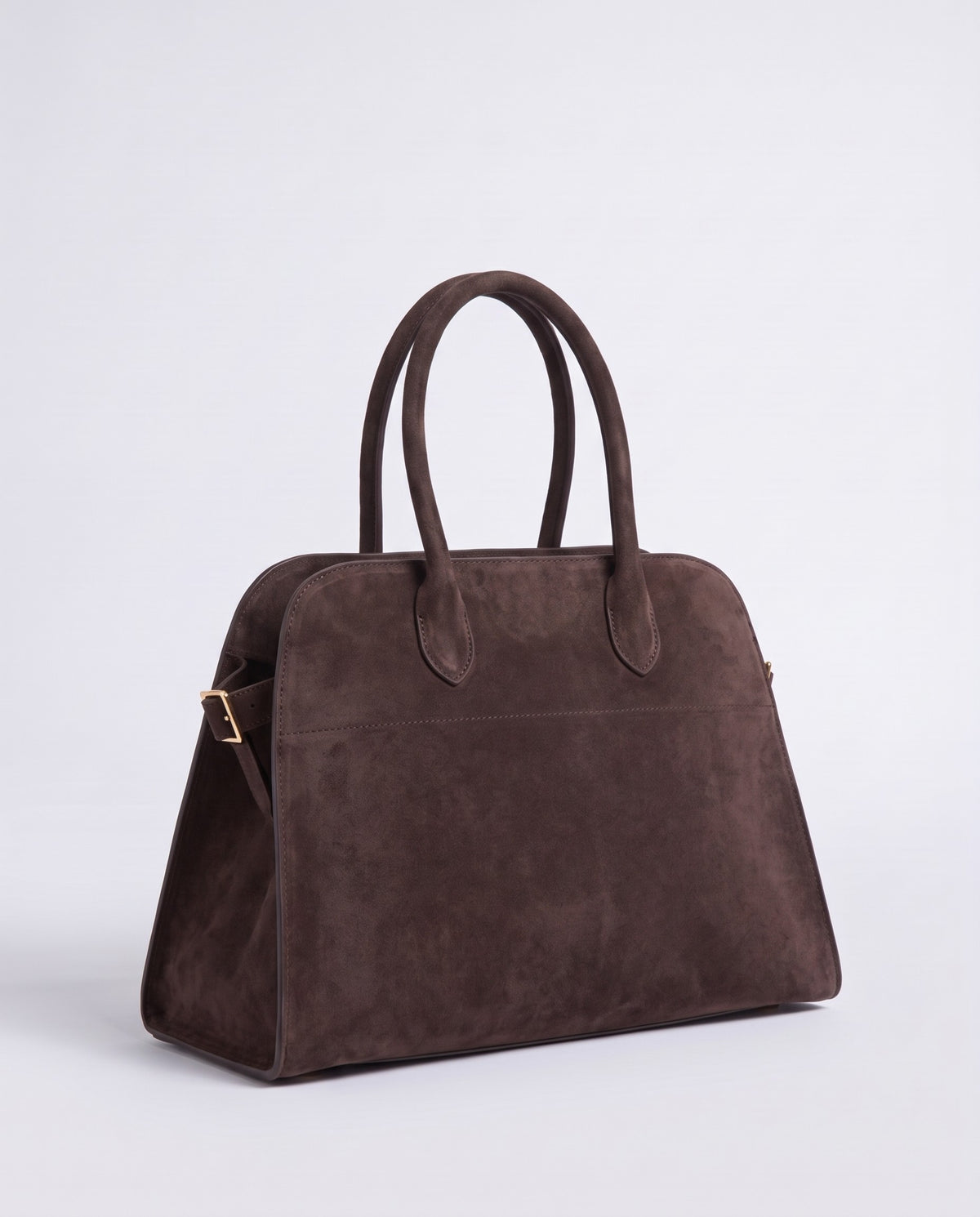 Milano Large slouchy top-handle bag in Espresso brown suede – three-quarter view
