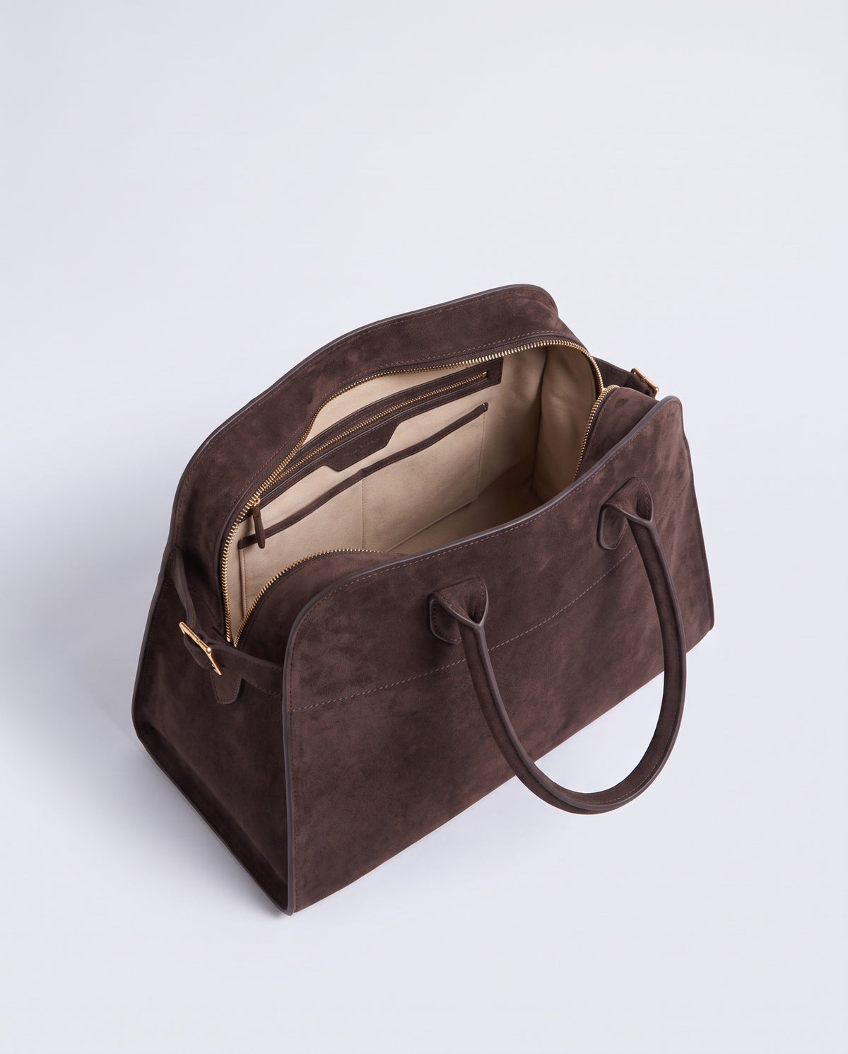 Milano Large slouchy top-handle bag in Espresso brown suede – inside view