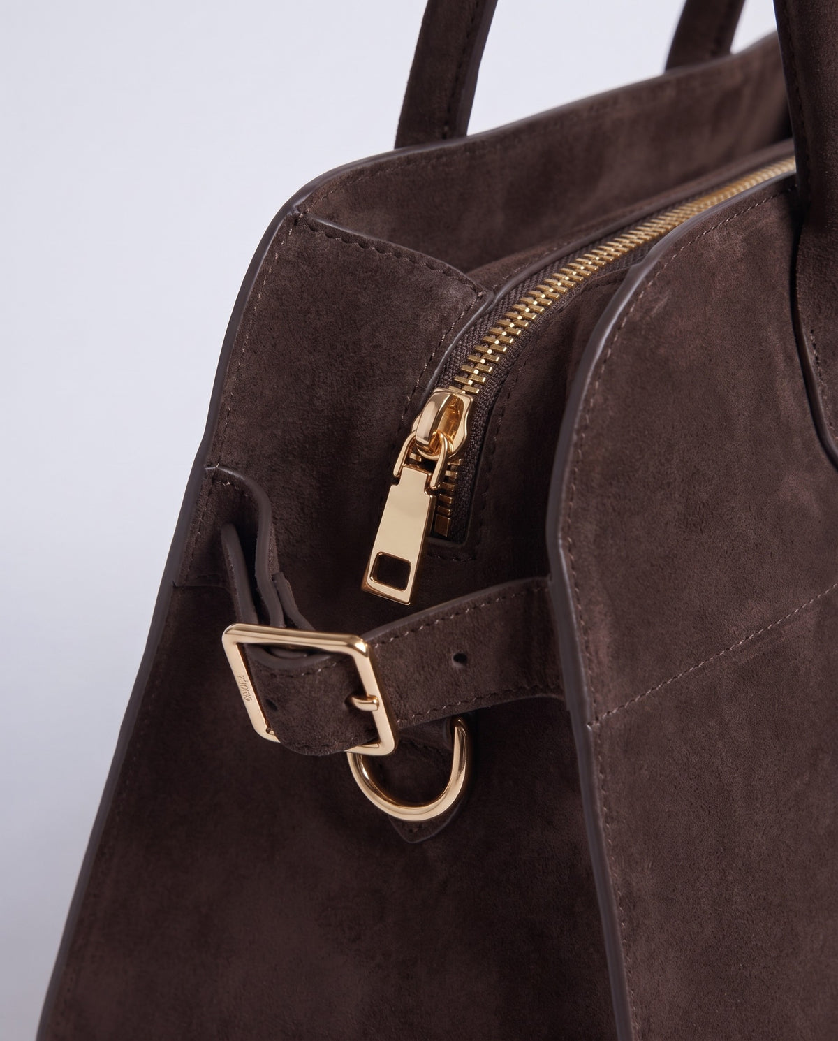 Milano Large bag in Espresso brown suede – gold zip and side buckle detail