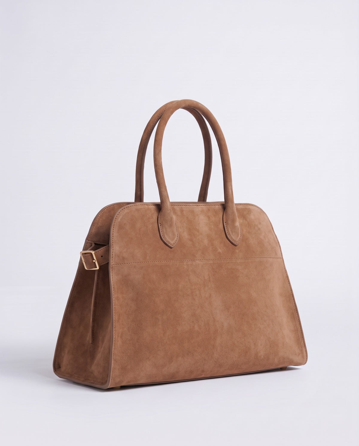 Milano Large slouchy top-handle bag in Mocha suede – three-quarter view