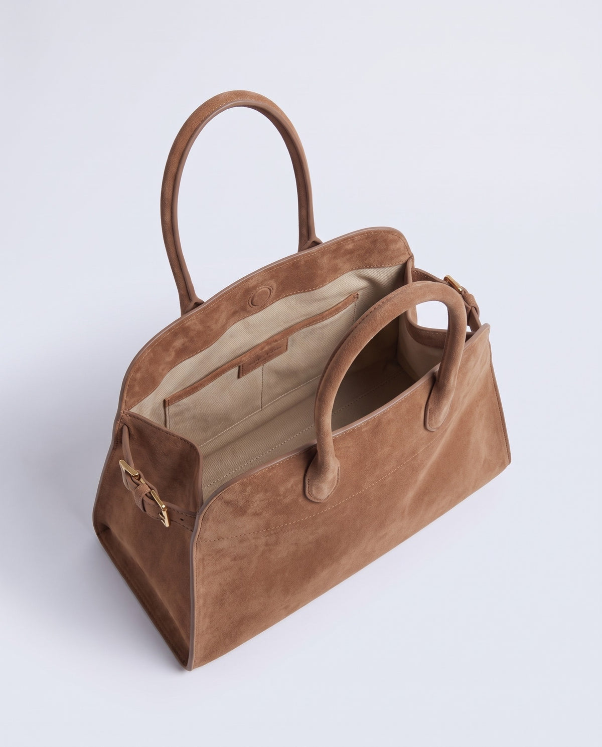 Milano Large slouchy top-handle bag in Mocha suede – inside view