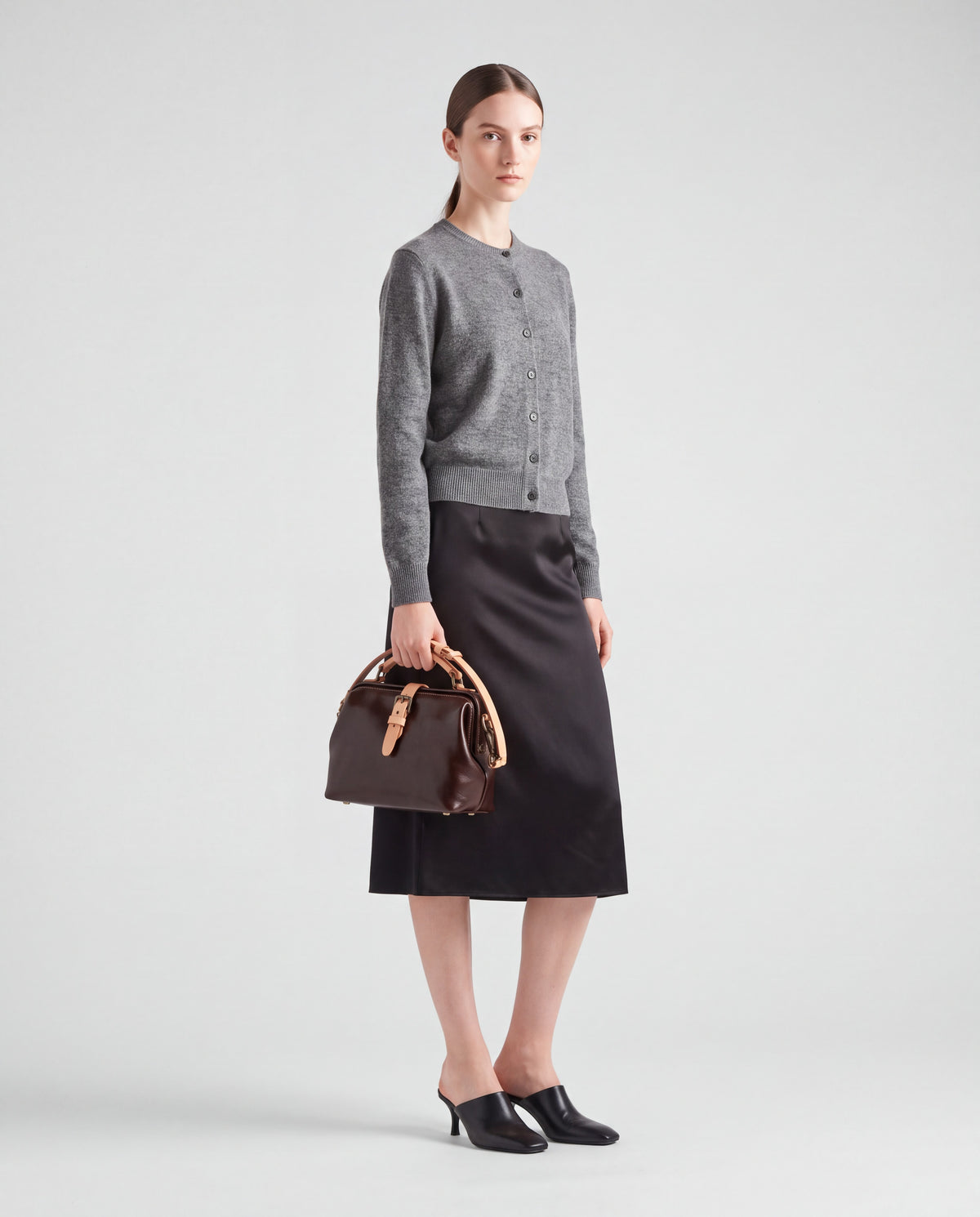 Mini Leather Bag bag in Coffee – worn by model, full length