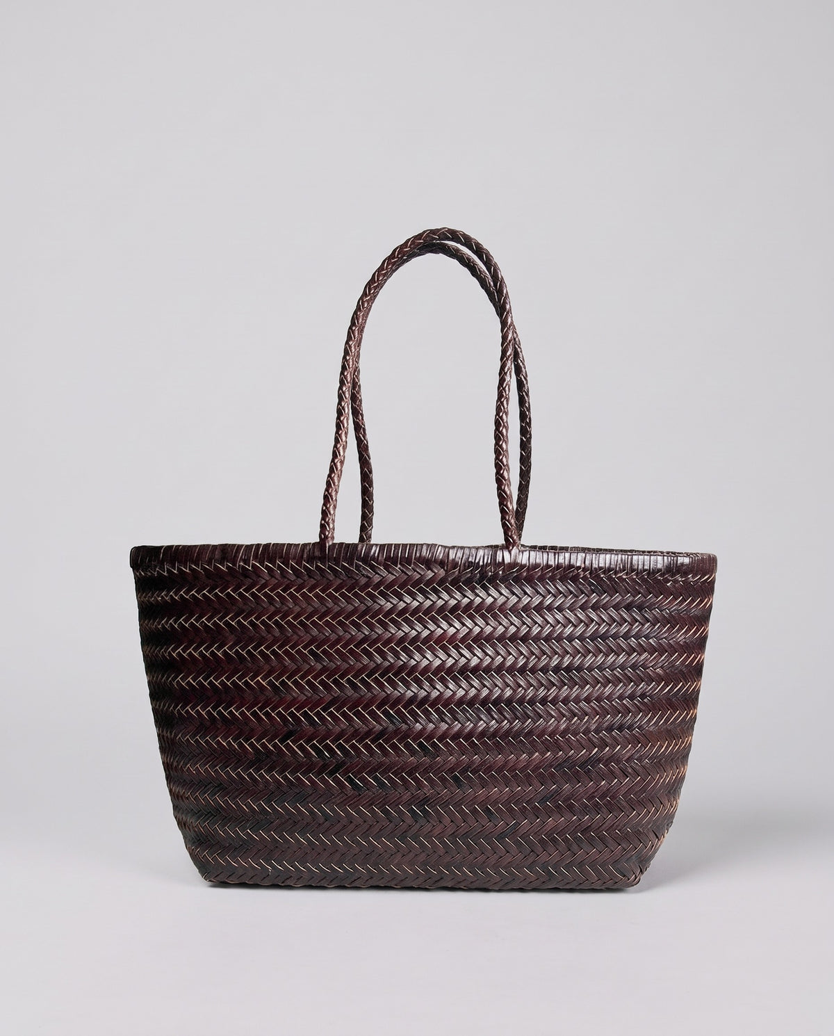 Hardware and handle detail on the Valentina Noto Small bag in Espresso