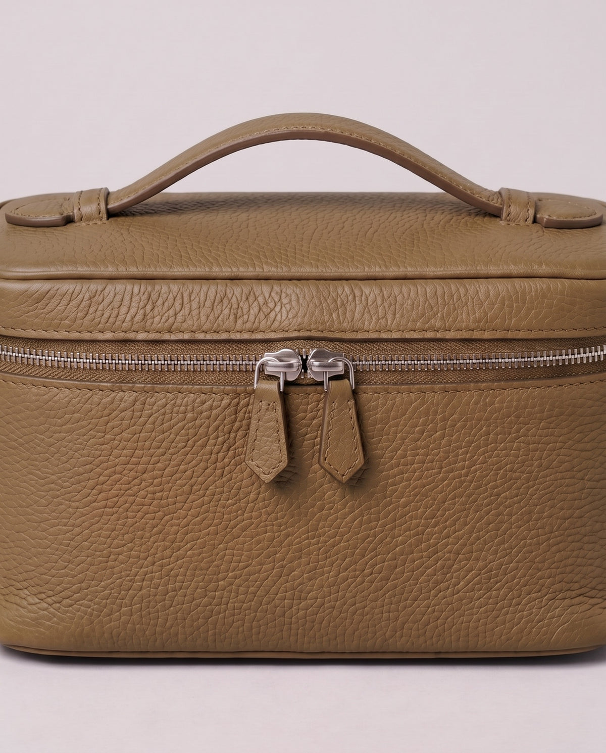 Silver zip and handle detail on the Valentina Orvieto Small bag in Taupe leather