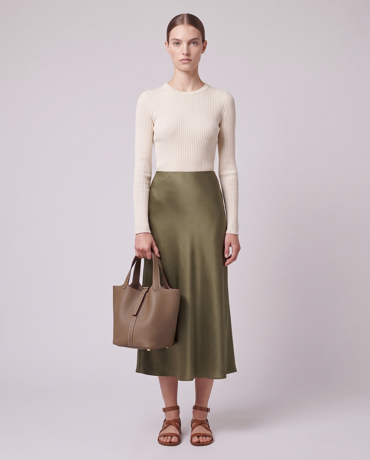Model carrying the Valentina Ostuni Small bag in Taupe