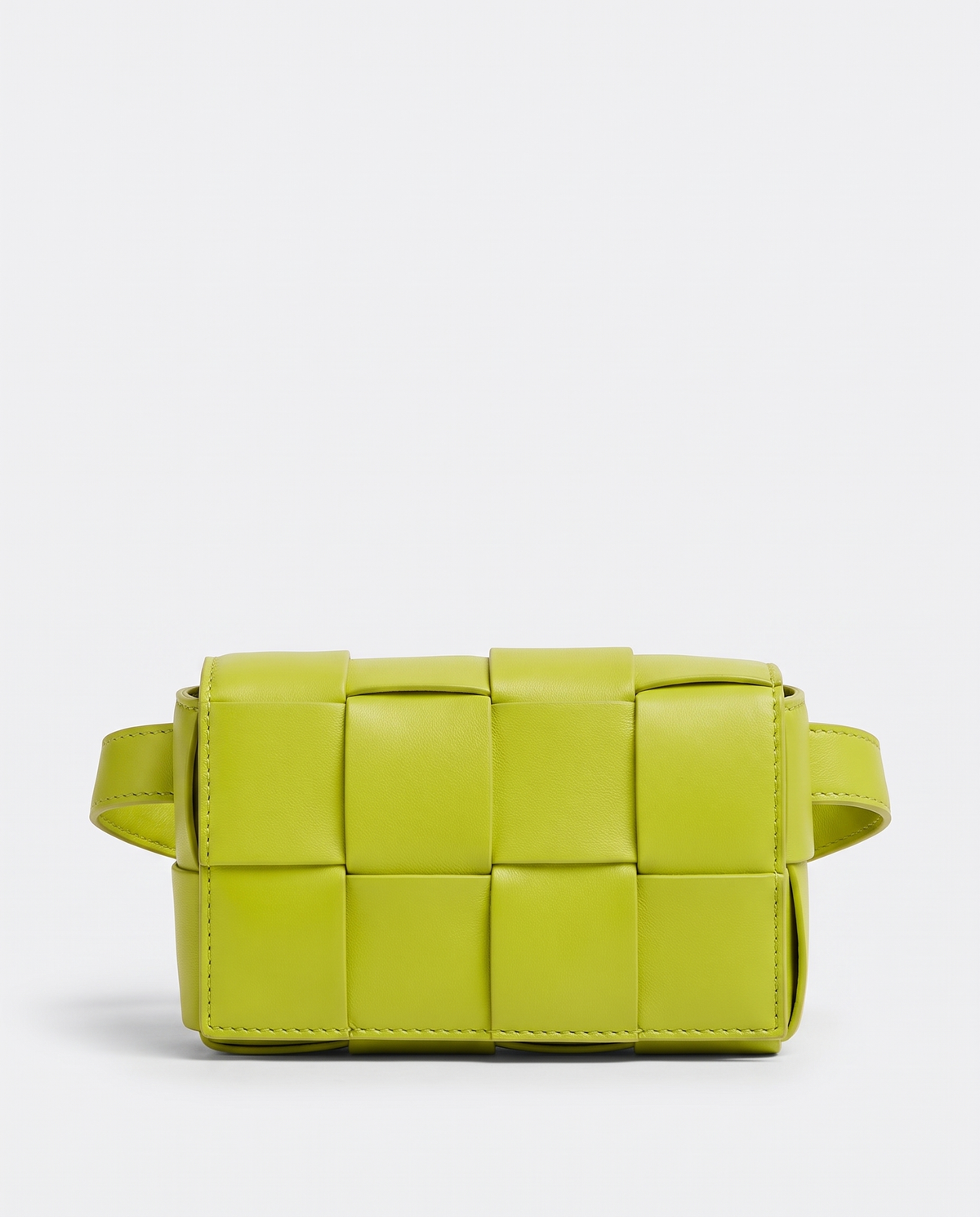 Cassette padded woven leather belt bag in Lime – front view