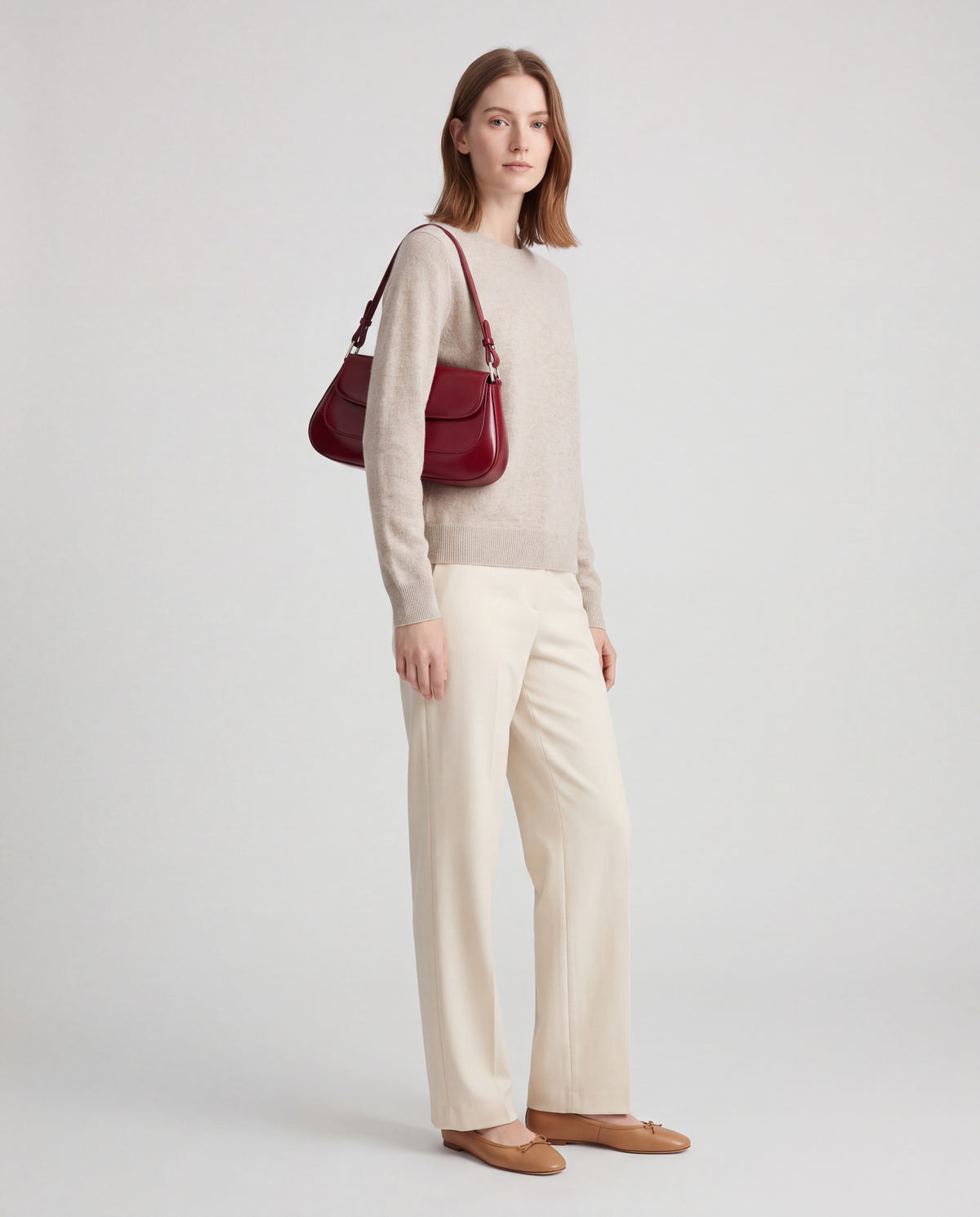 Rue bag in Red – worn by model, full length