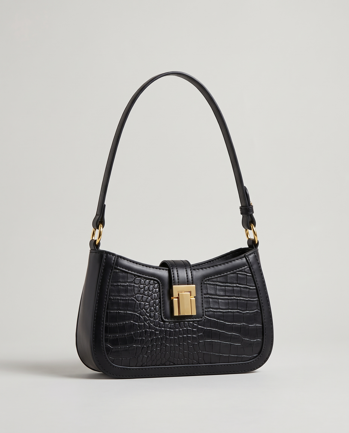 Sable croc-embossed shoulder bag in Black – front view