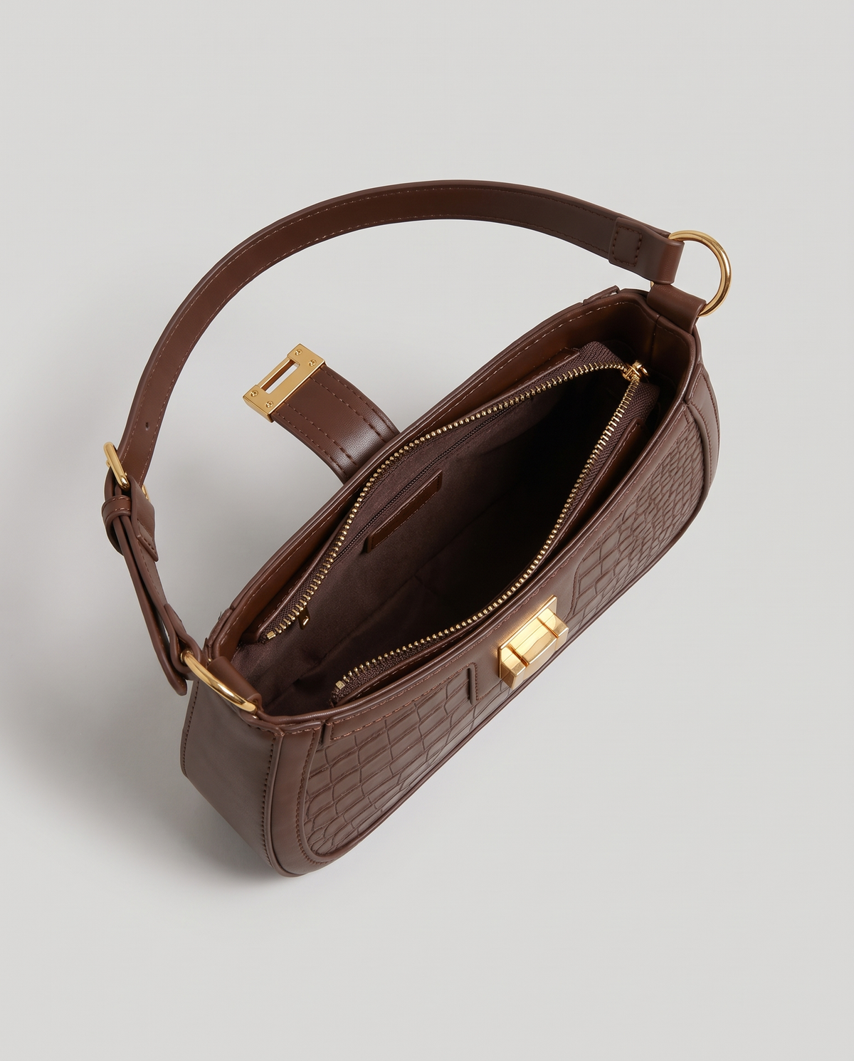 Sable croc-embossed shoulder bag in Brown – open, showing the zip and lined interior