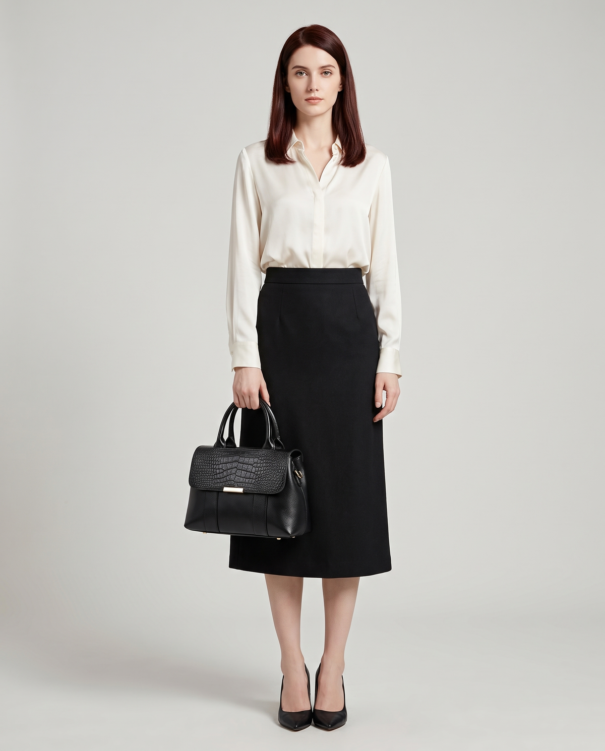 Sloane croc-embossed leather handbag in Black – model holding it by the top handles, full length