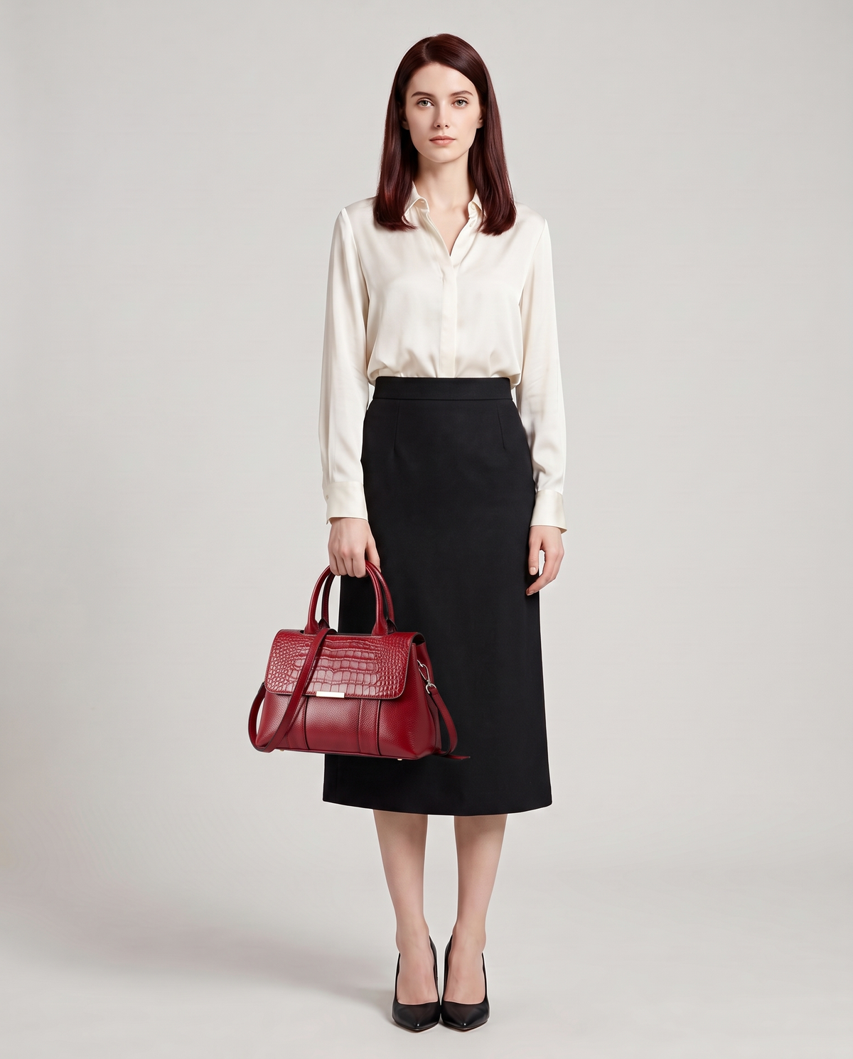 Sloane croc-embossed leather handbag in Red – model holding it by the top handles, full length