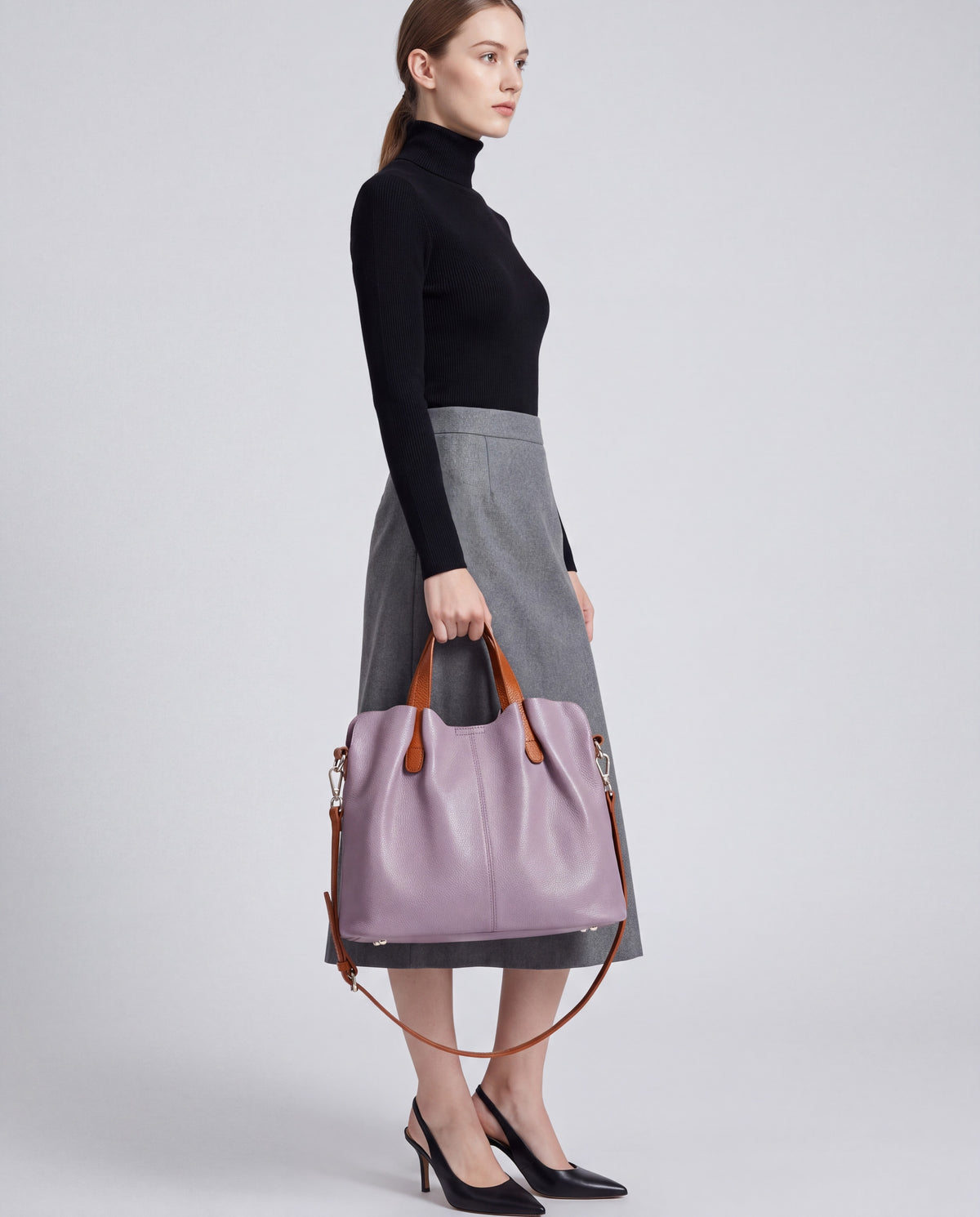Soft Leather Tote Bag bag in Lavender – worn by model, close-up
