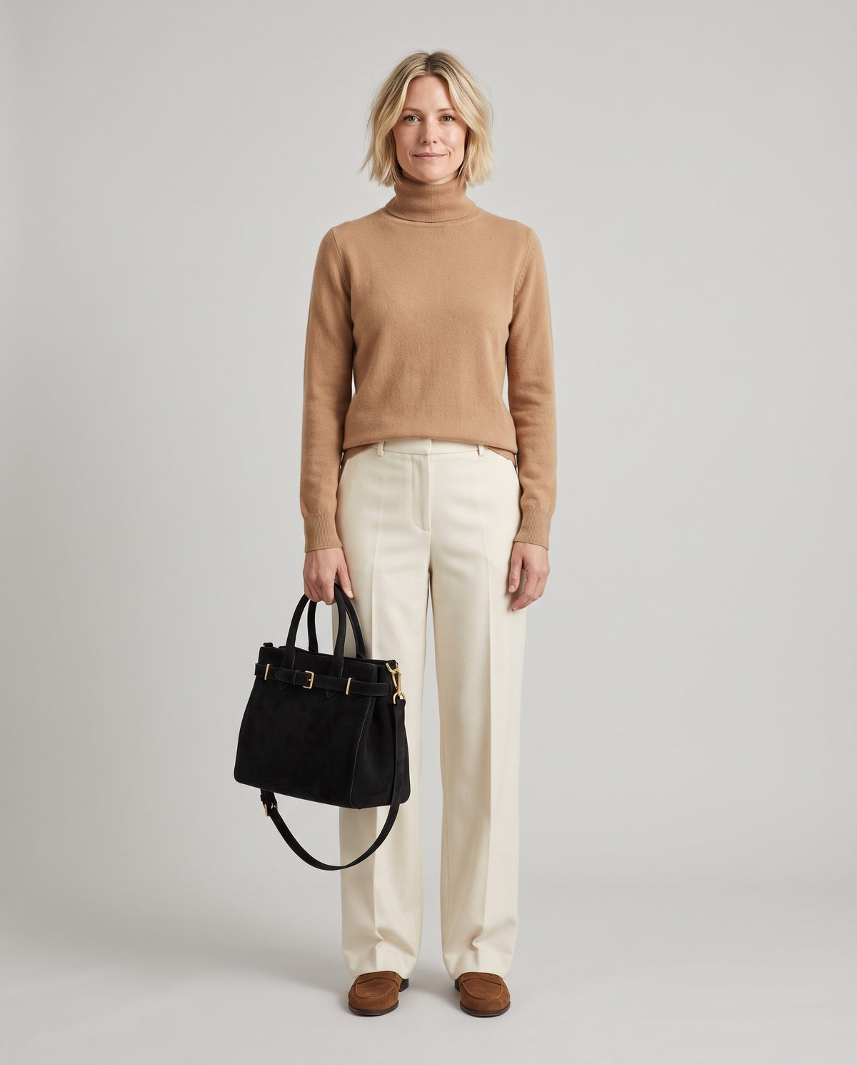 Model wearing the Spello top-handle bag in Black – full-length view