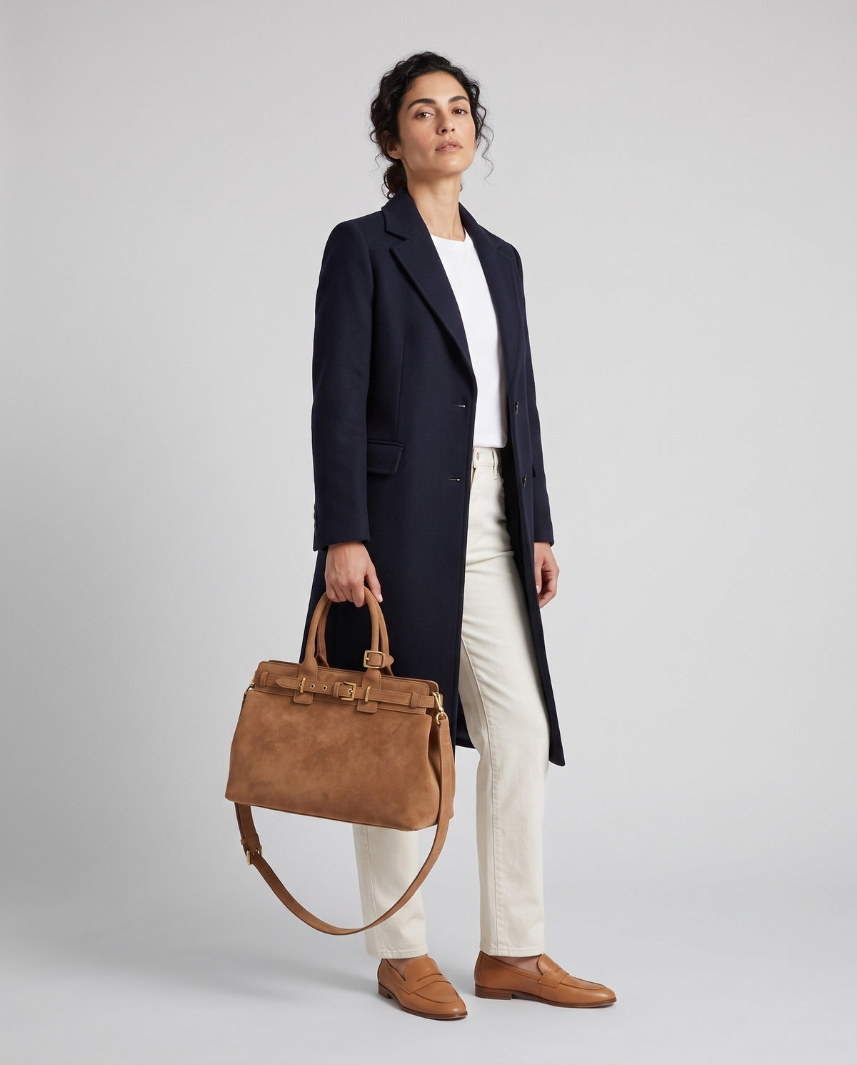 Model wearing the Spello top-handle bag in Camel – full-length view
