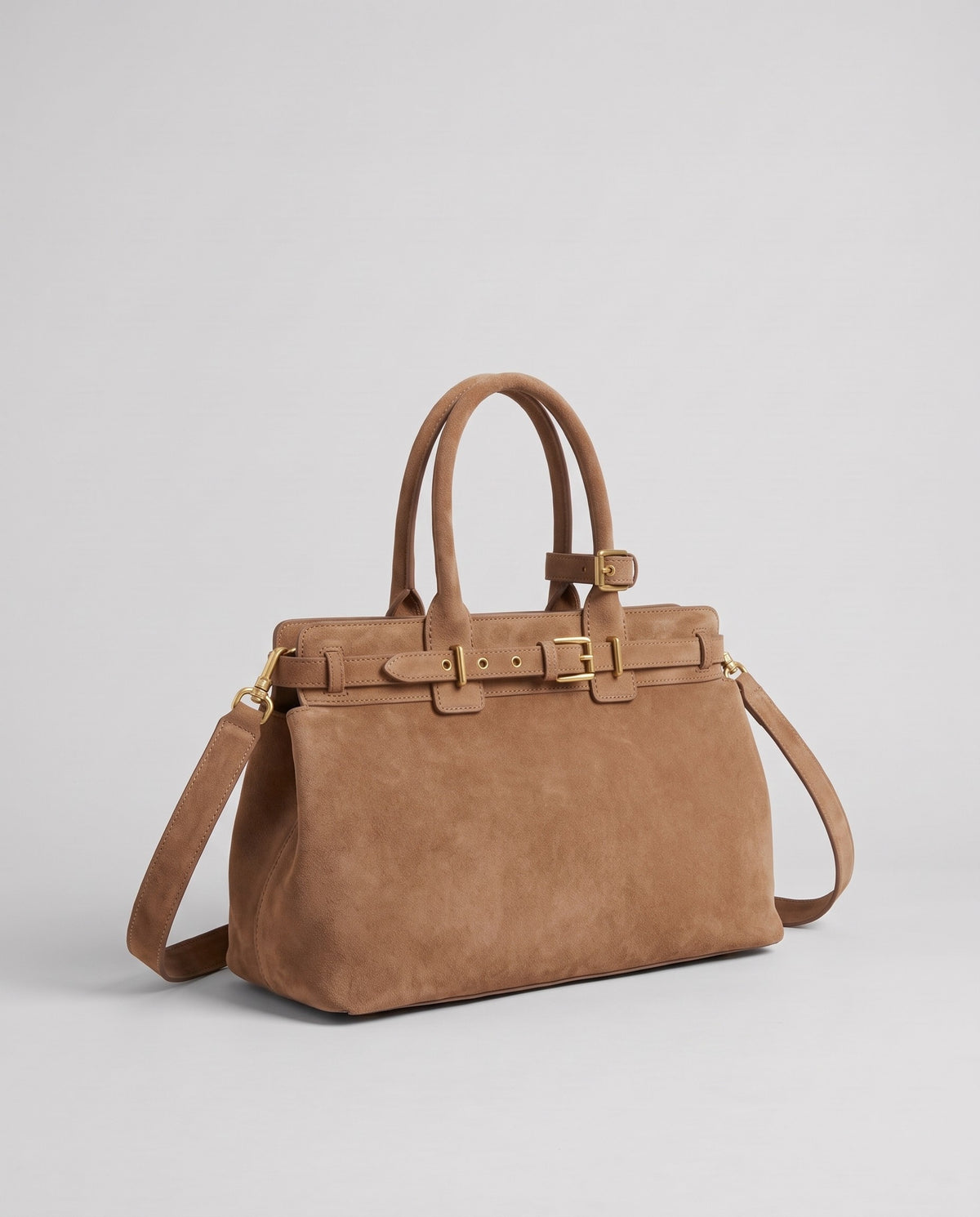 Spello suede cowhide top-handle bag in Camel – three-quarter view