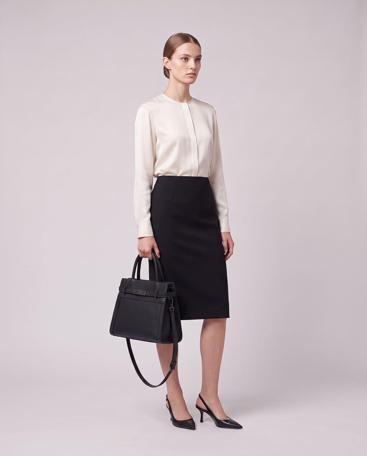 Model carrying the Taormina leather bag in Black – full length