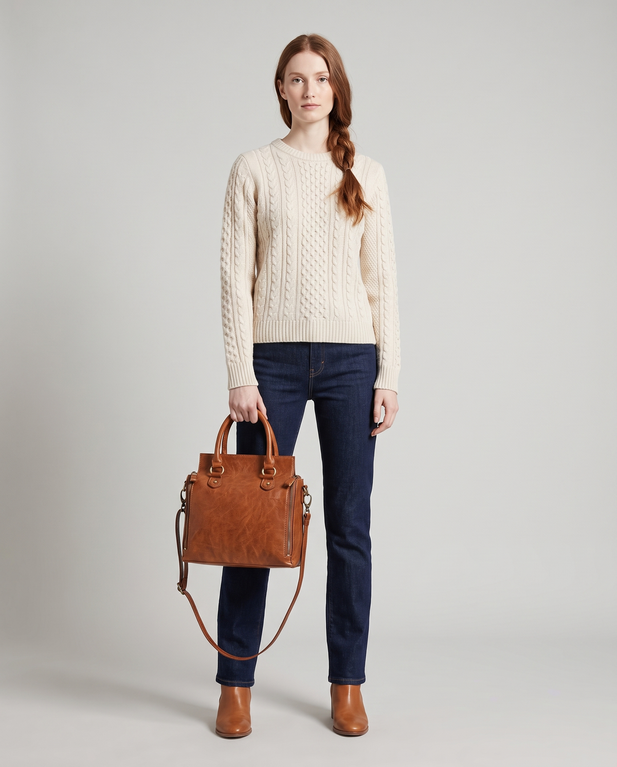 Terra leather satchel in Brown – model holding it by the top handles, full length