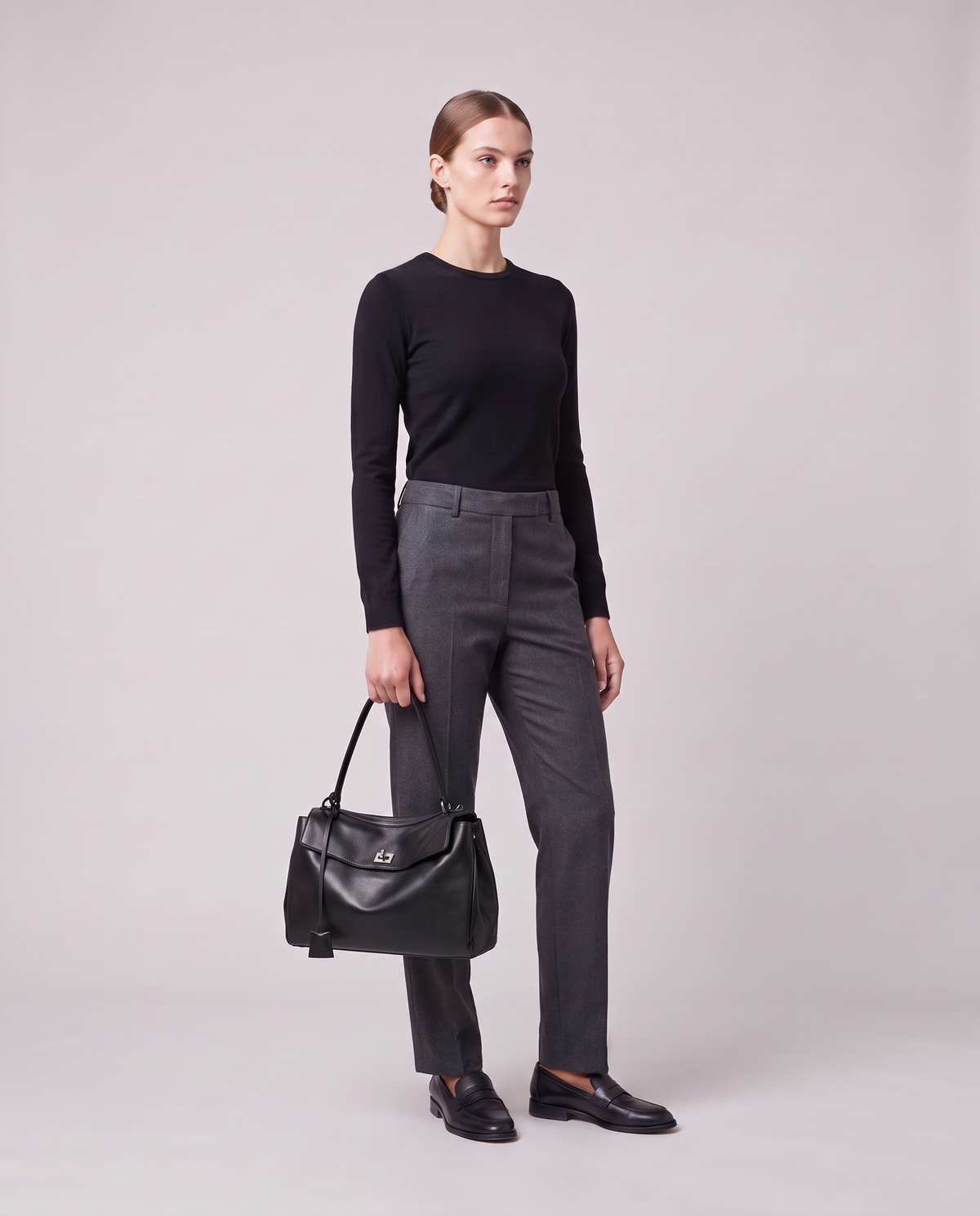 Model holding the Valentina Tinto Small bag in Onyx, full length