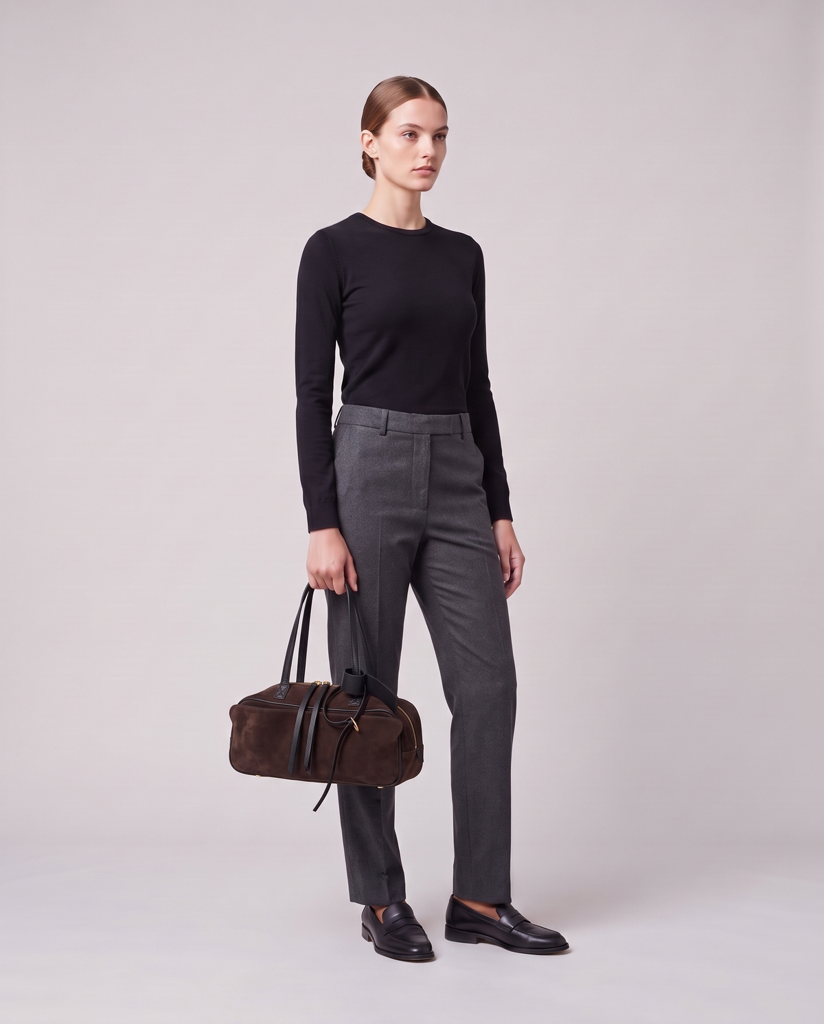 Model holding the Valentina Umbra Large bag in Chocolate, full length