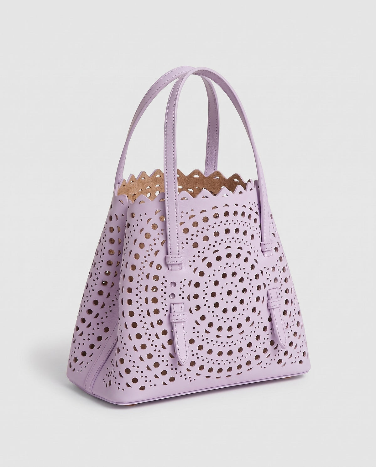 Hardware and handle detail on the Valentina Urbino Large bag in Lavender