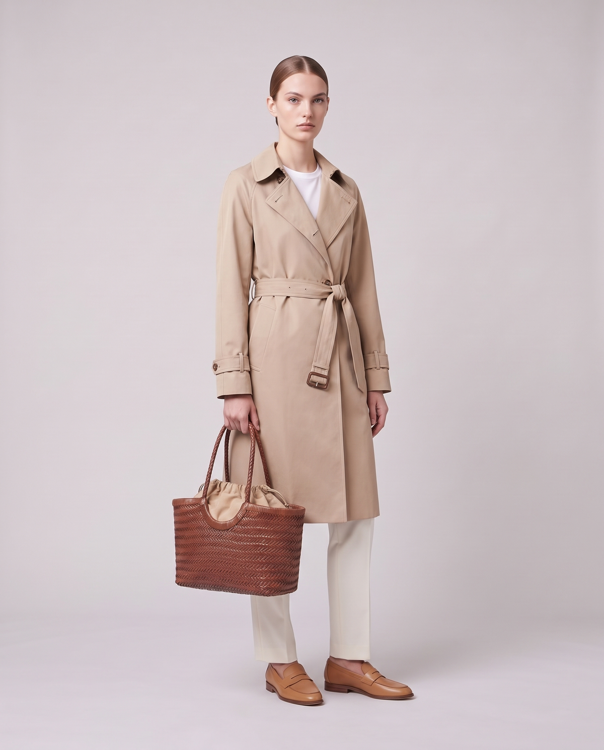 Model holding the Valentina Lecce bag in Cognac, full length