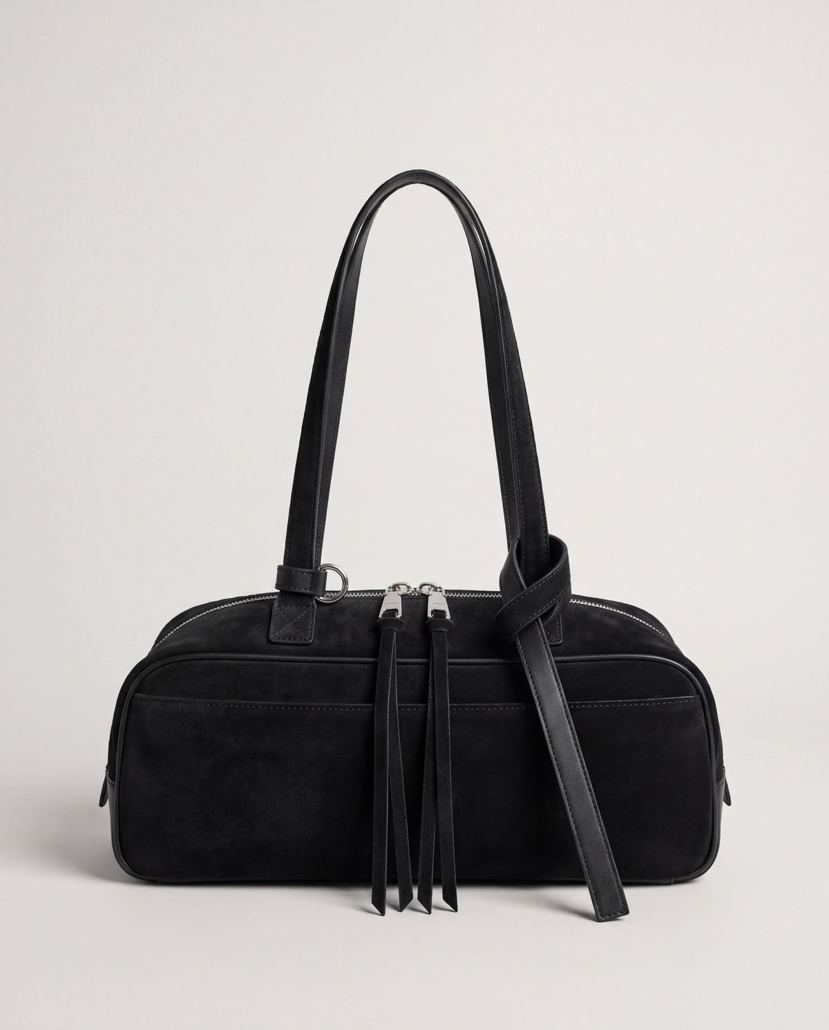 Valentina Linea suede shoulder bag in Black, front view with knotted strap
