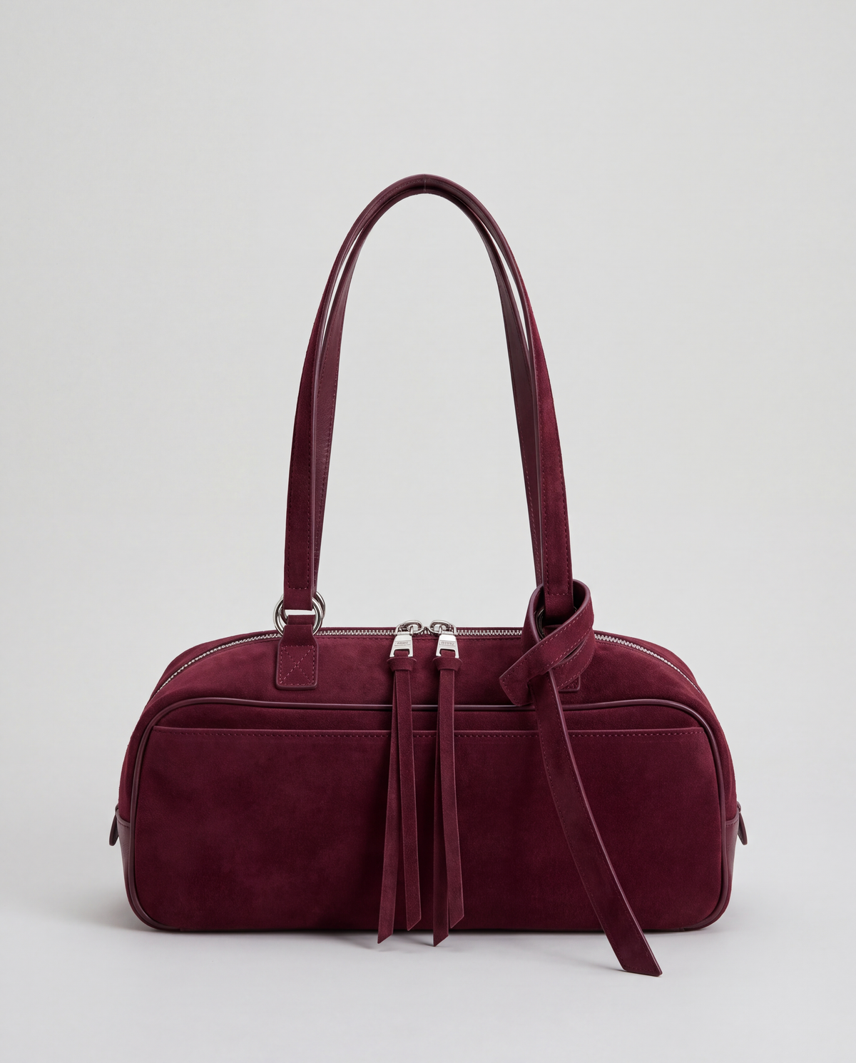 Valentina Linea suede shoulder bag in Burgundy, front view with knotted strap
