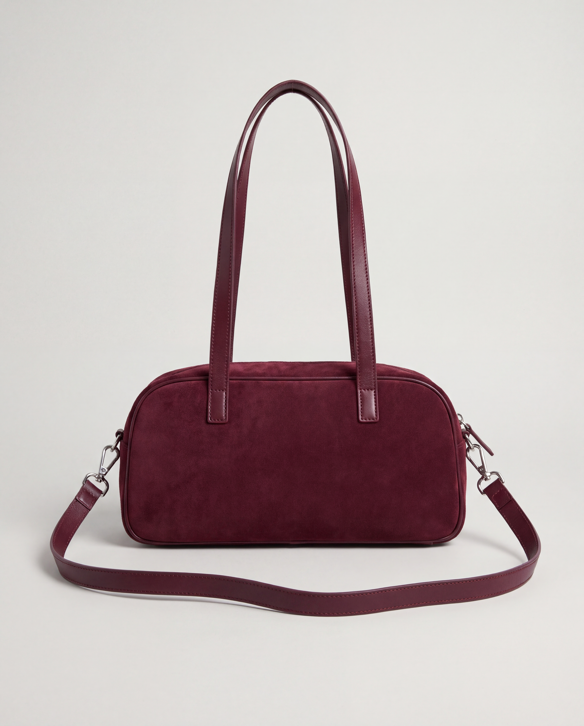 Back of the Valentina Linea suede bag in Burgundy with its detachable long strap