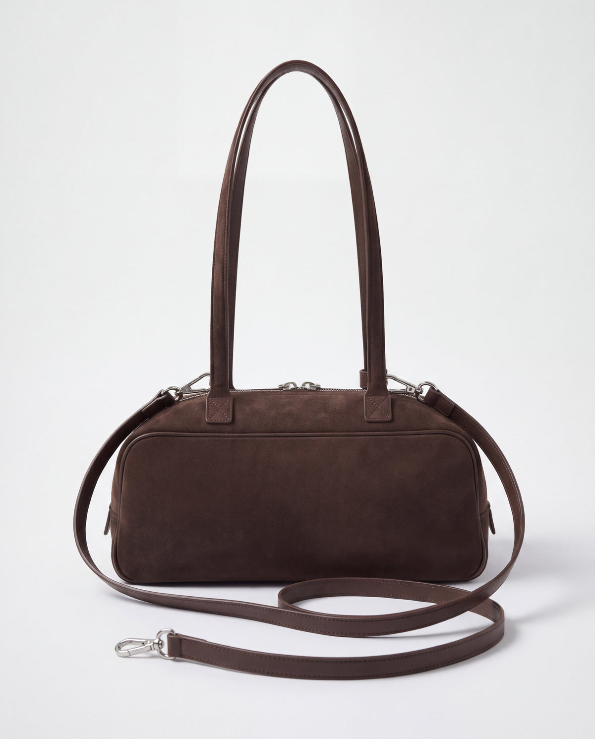 Back of the Valentina Linea suede bag in Chocolate with its detachable long strap