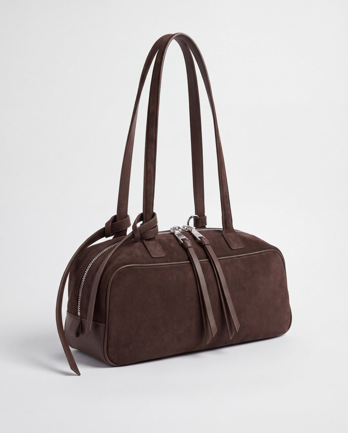 Valentina Linea suede shoulder bag in Chocolate, three-quarter view
