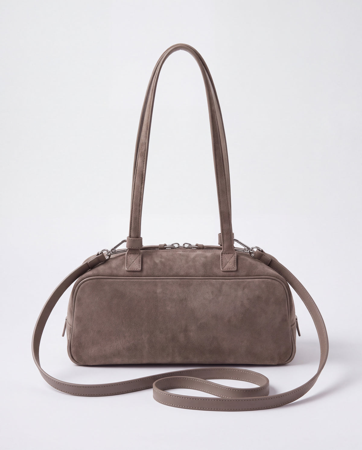 Back of the Valentina Linea suede bag in Taupe with its detachable long strap