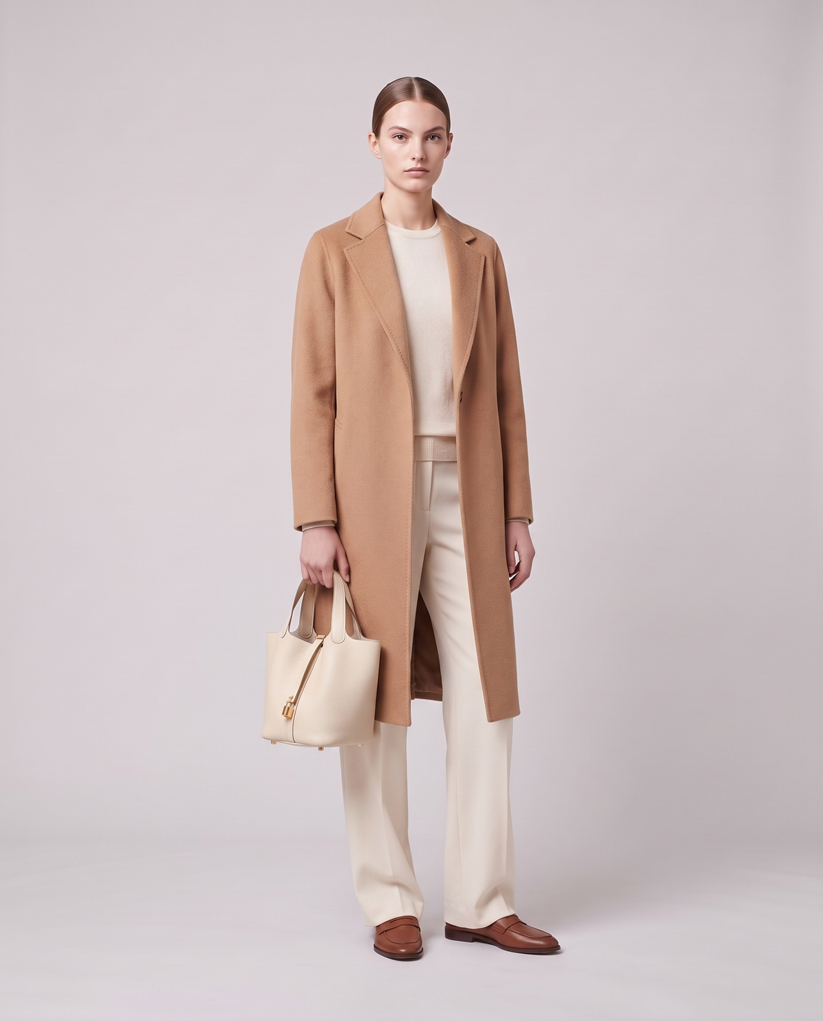 Model holding the Valentina Ostuni Large bag in Cream, full length