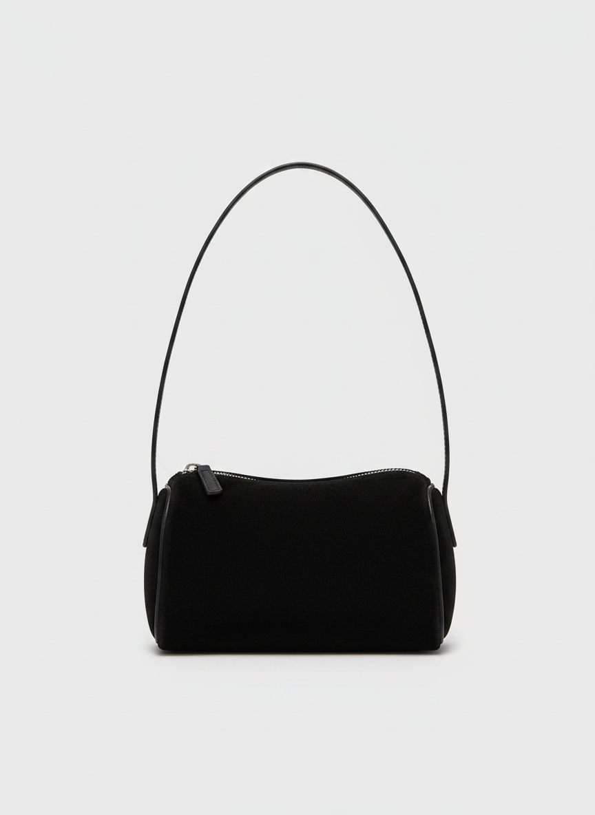 Valentina Roma barrel bag in black suede, back view