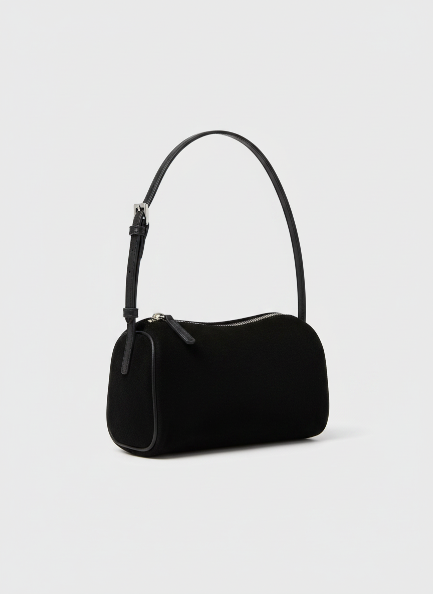 Valentina Roma barrel bag in black suede, front view