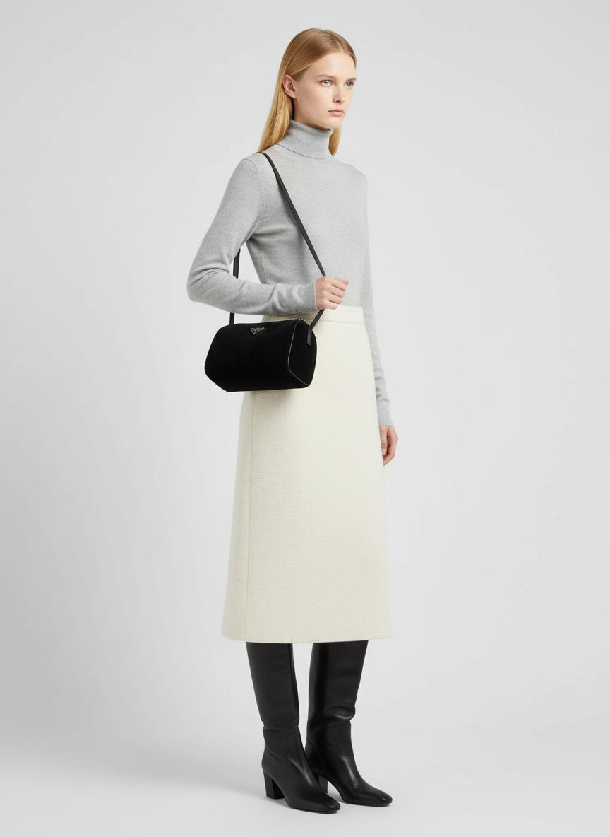 Model wearing the Valentina Roma barrel bag in black suede on the shoulder strap