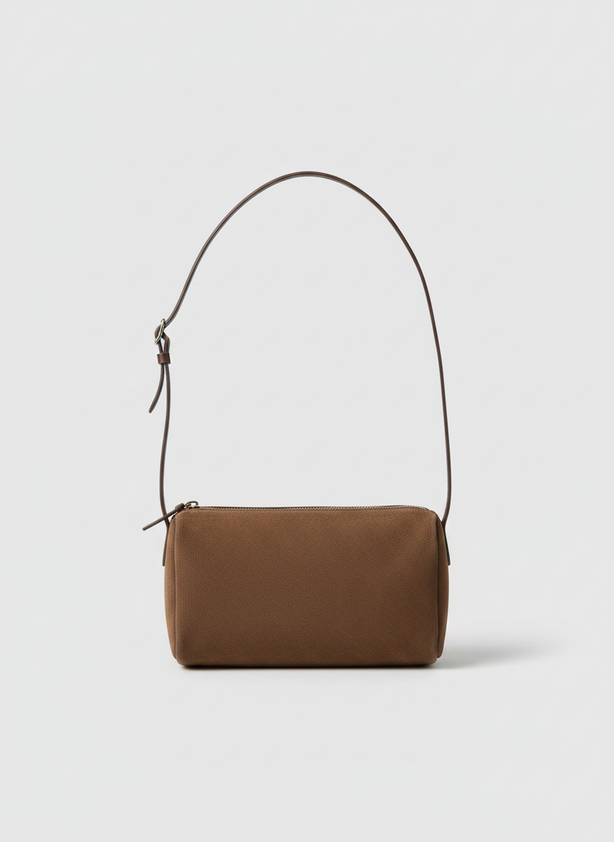 Valentina Roma barrel bag in chocolate suede, back view