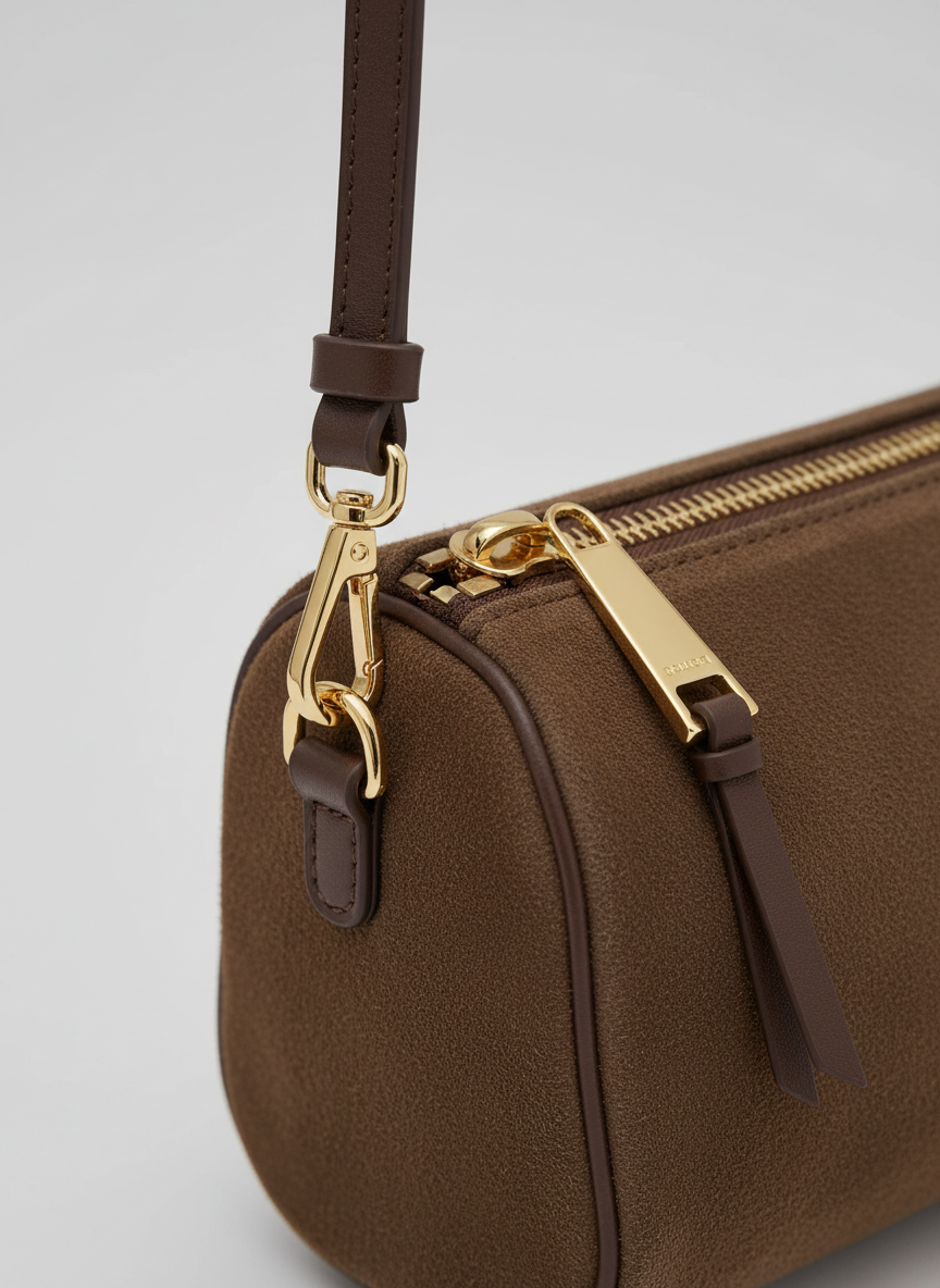 Valentina Roma barrel bag in chocolate suede, close up of the zip and strap hardware