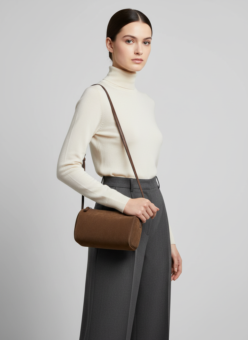 Model carrying the Valentina Roma barrel bag in chocolate suede at the hip