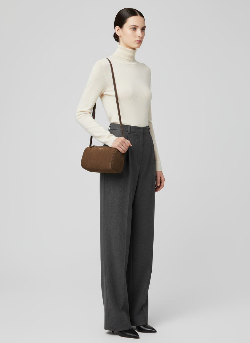 Model wearing the Valentina Roma barrel bag in chocolate suede on the shoulder strap