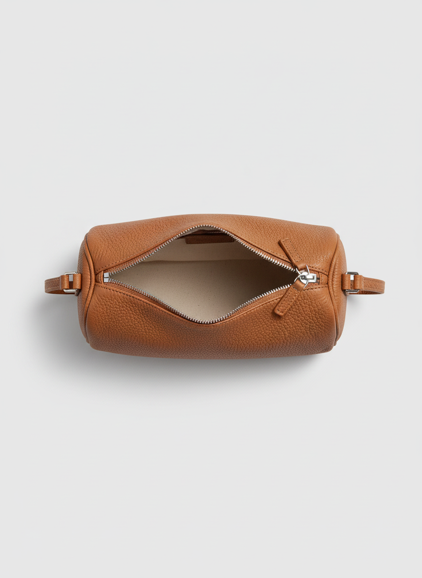 Valentina Roma barrel bag in cognac leather, open from above showing the interior