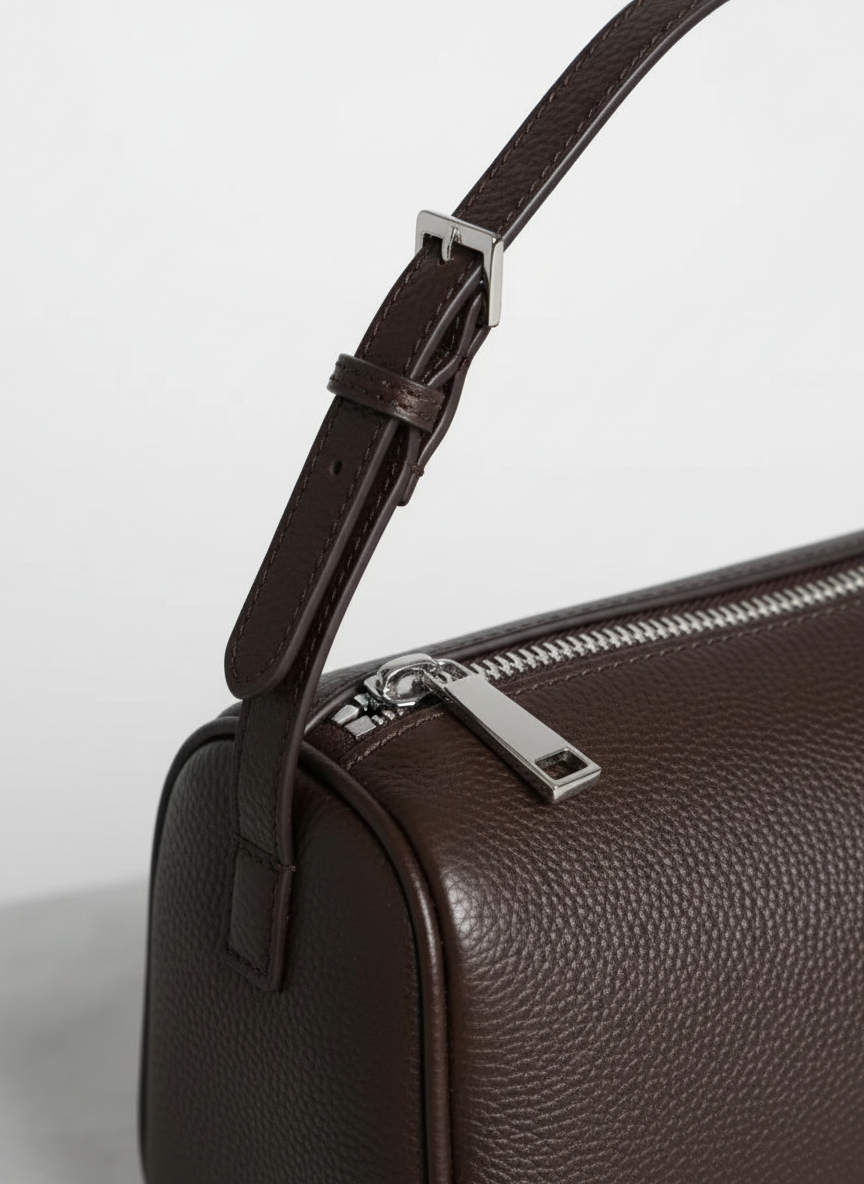 Valentina Roma barrel bag in espresso leather, close up of the zip and buckle