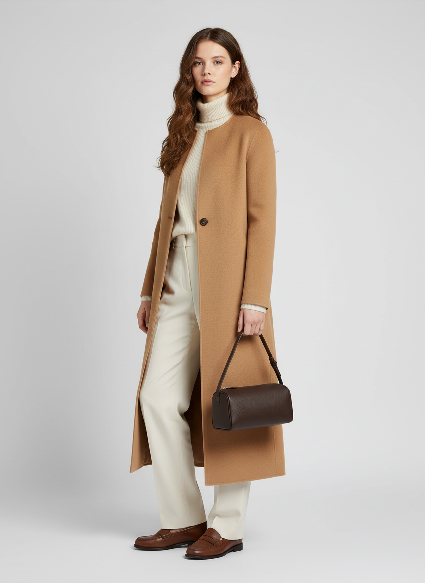 Model holding the Valentina Roma barrel bag in espresso leather, full length